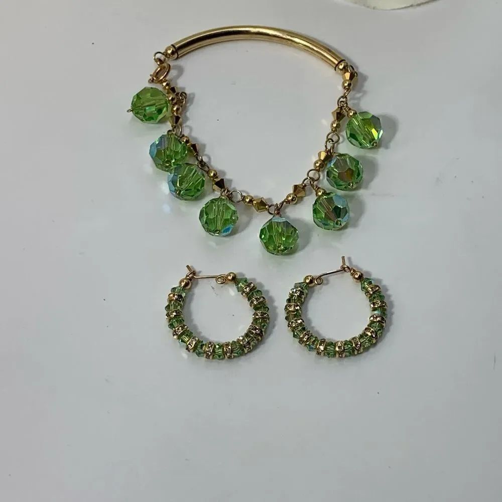 14k Gold 1/20 Lime Green Faceted Crystal Bead Bracelet and Earrings